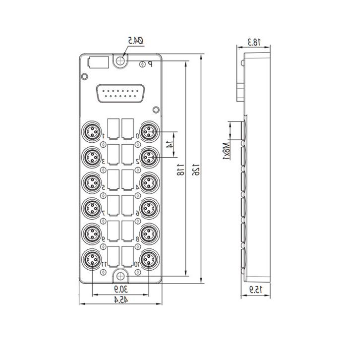 M8 junction box, single channel, NPN, 12-port split, LED, D-SUB dock, 23NCT1