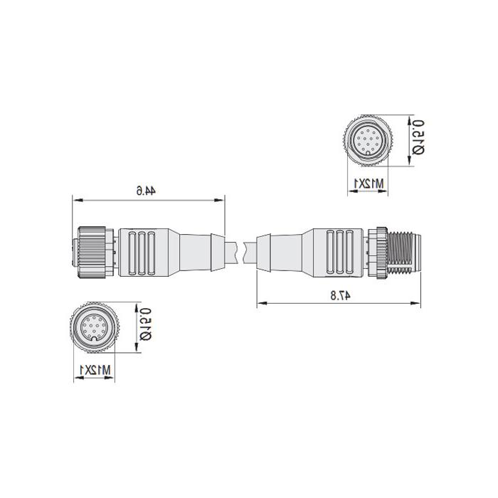 M12 12Pin, female straight to male straight, double end precast PUR flexible cable, shielded, black sheath, 64DA15-XXX