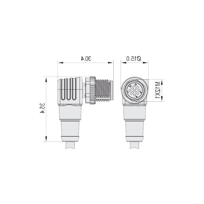 M12 3Pin、公头90°、耐高温120℃、单端预铸PUR柔性电缆、黑色护套、64H121-XXX